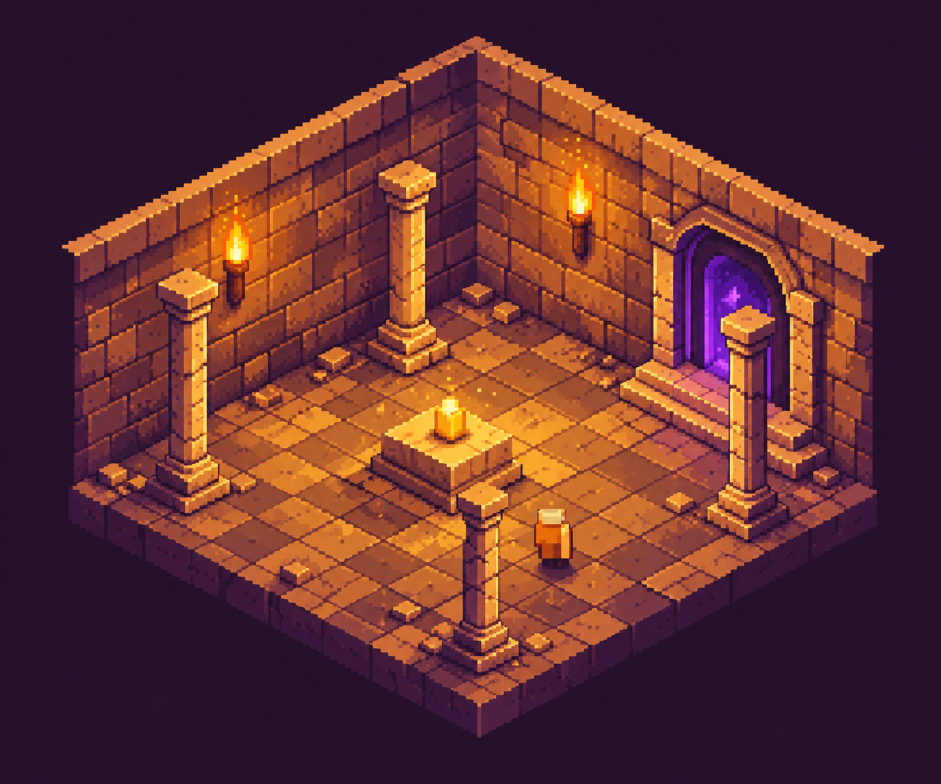 Original pixel artwork of an amber stone chamber with violet shadows, a magical doorway, and a tiny adventurer.