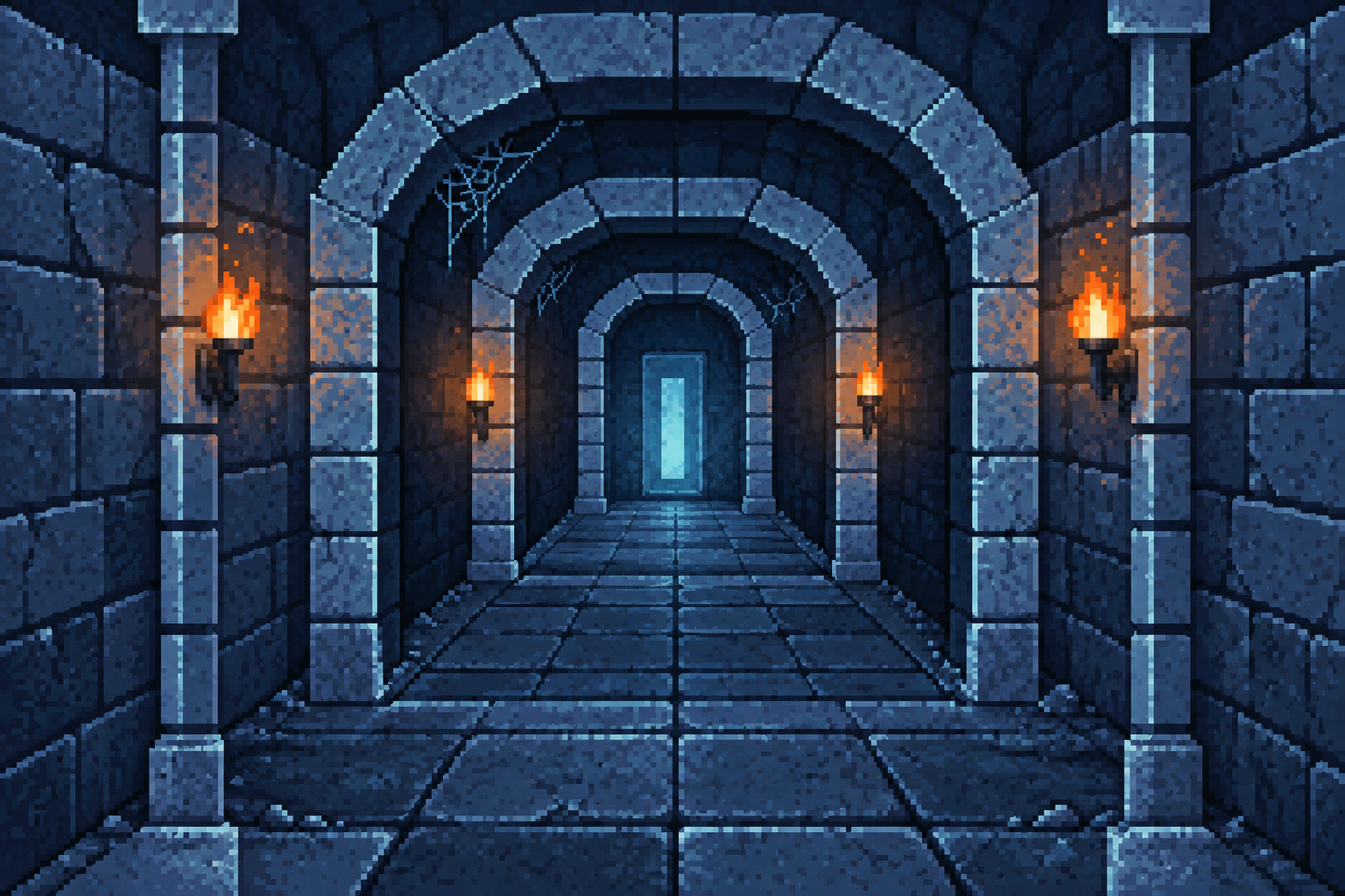 A first-person pixel art view into a slate-blue dungeon, with copper torchlight and a distant icy glow.