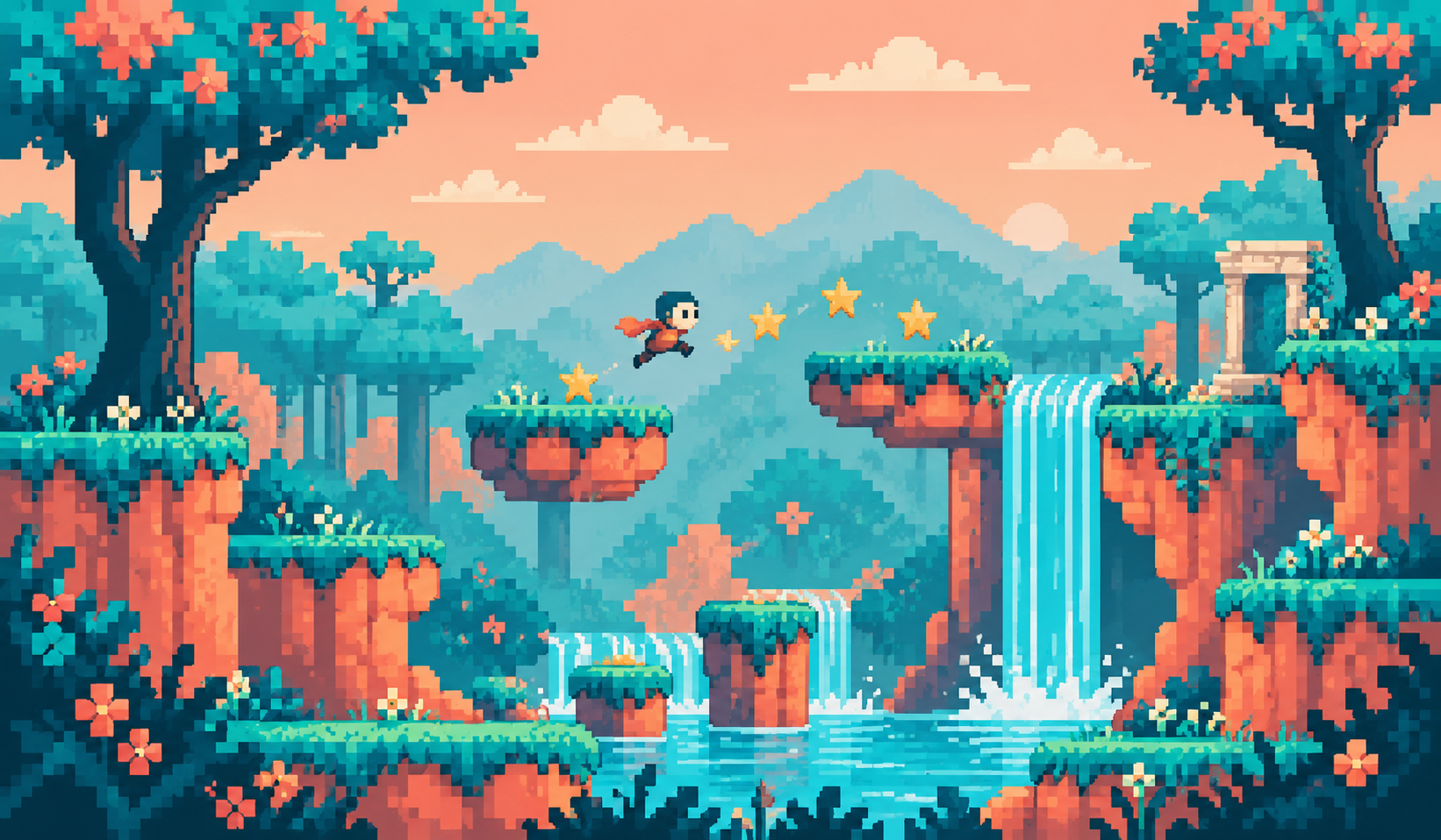 Original pixel art of a side-scrolling platformer with coral ledges, a turquoise waterfall, and an adventurer jumping between platforms.